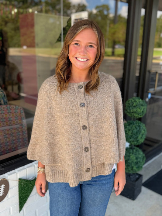 Button Closure Sweater Cape Cardigan