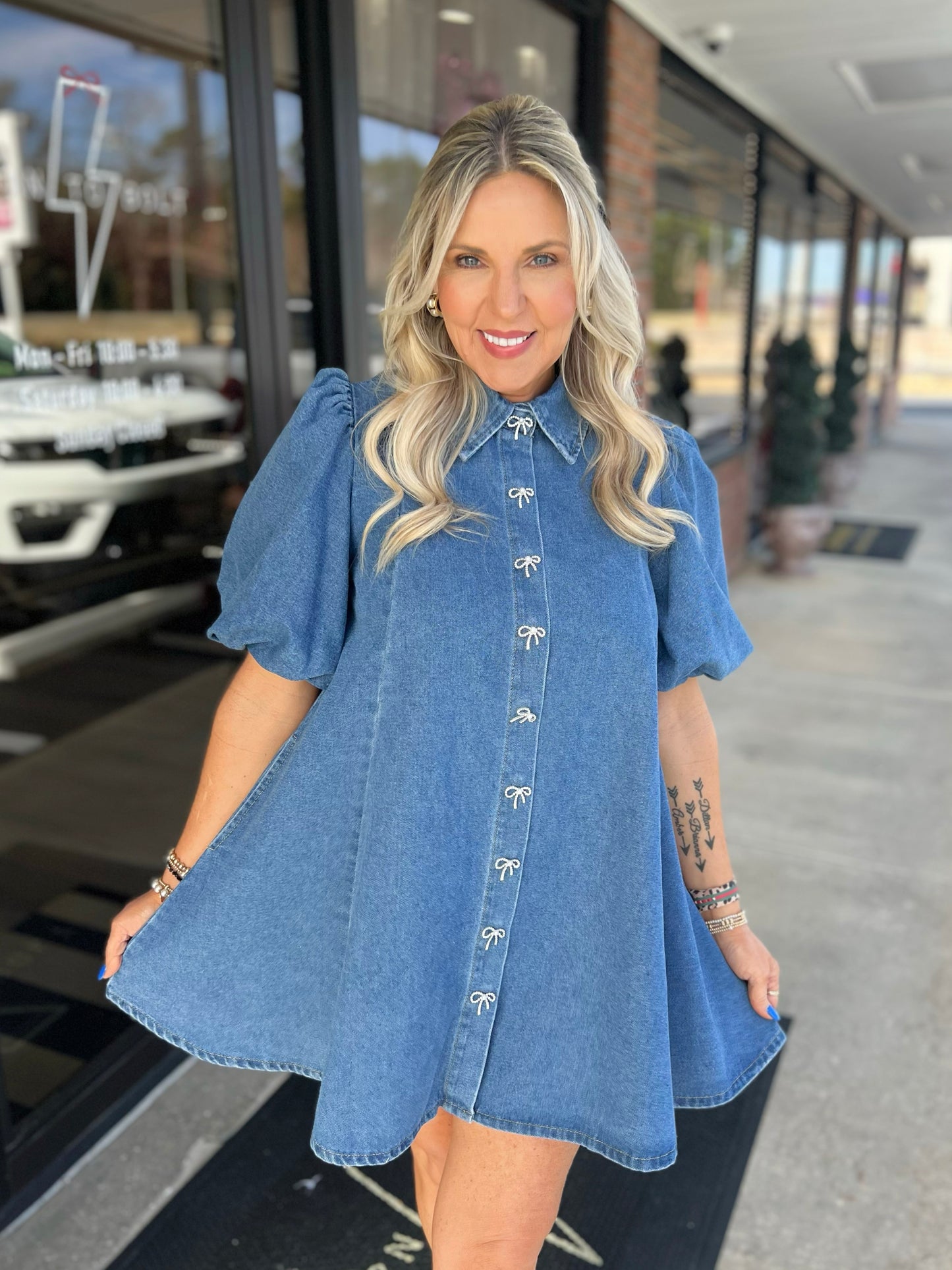 Bow Button Denim Dress