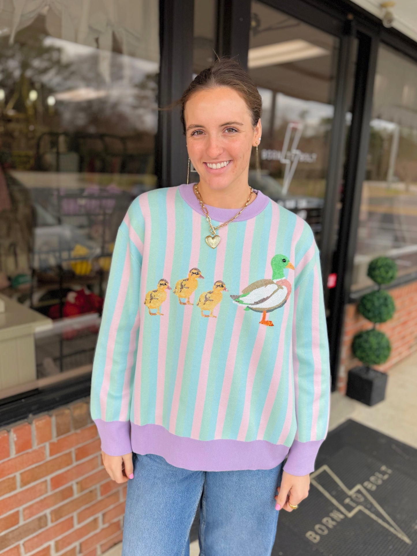 QOS Pastel Striped Duck & Chicks Sweater