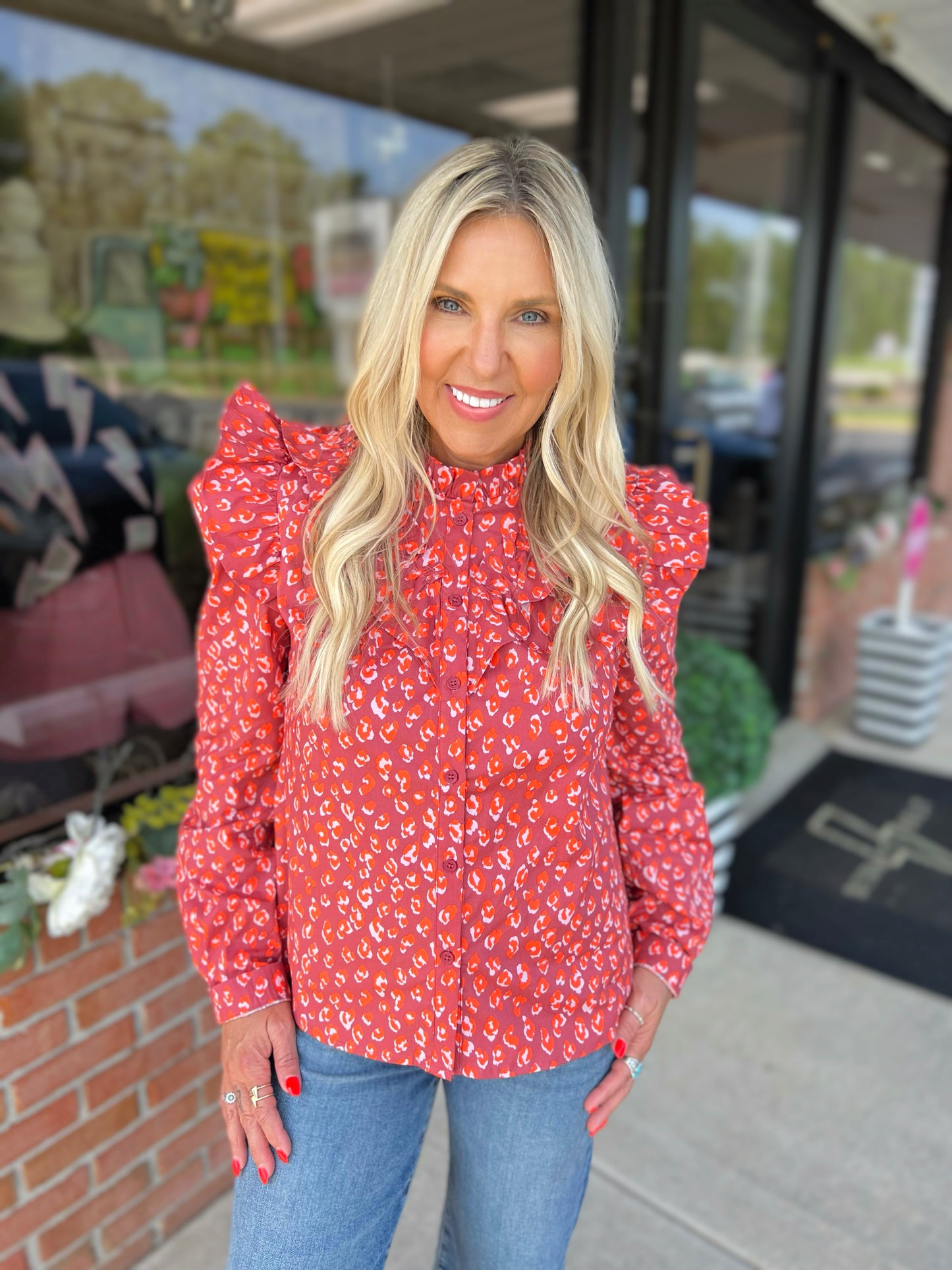 Leopard Poplin Ruffle Top