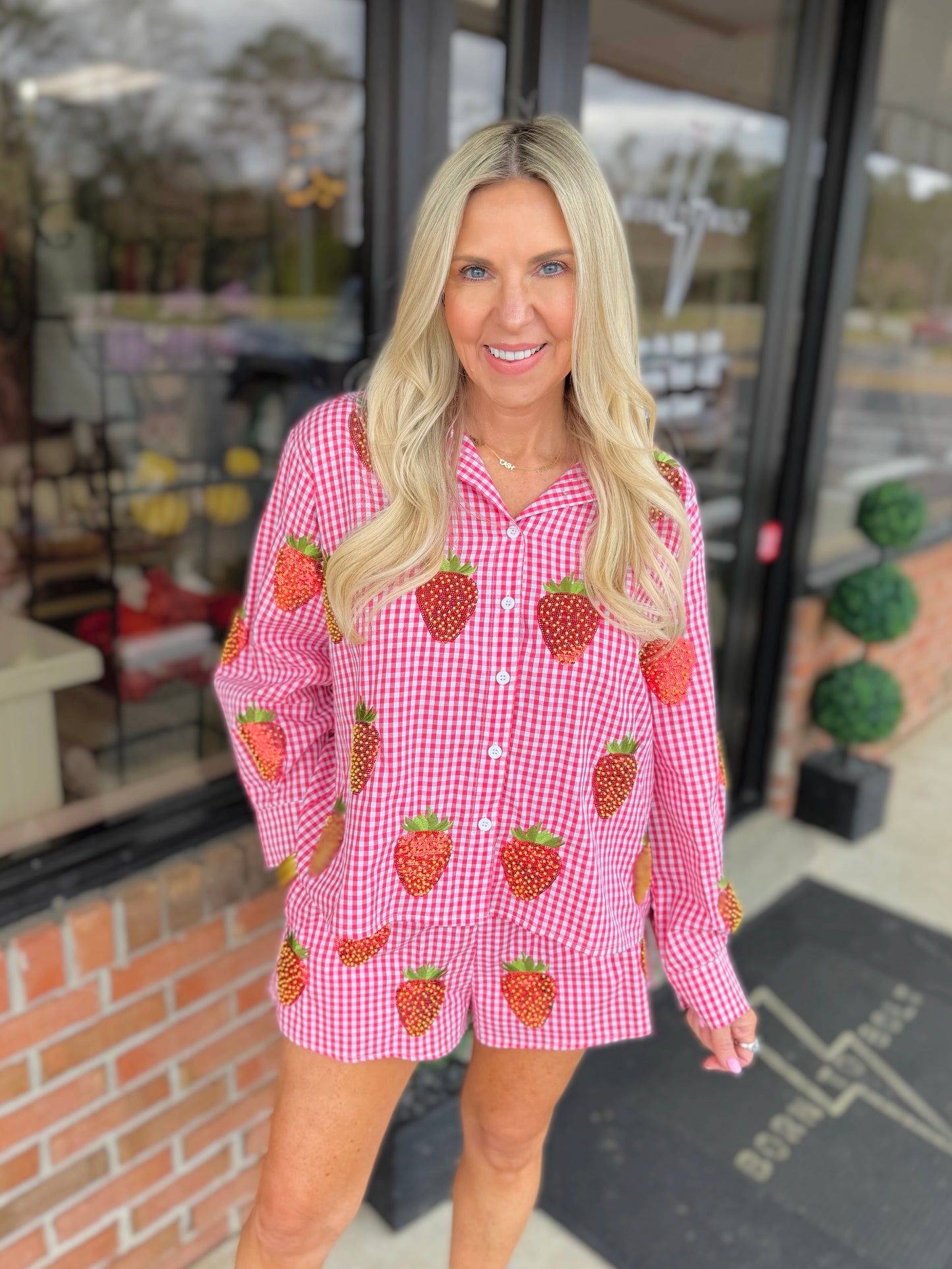 QOS Gingham Beaded Strawberry Shorts