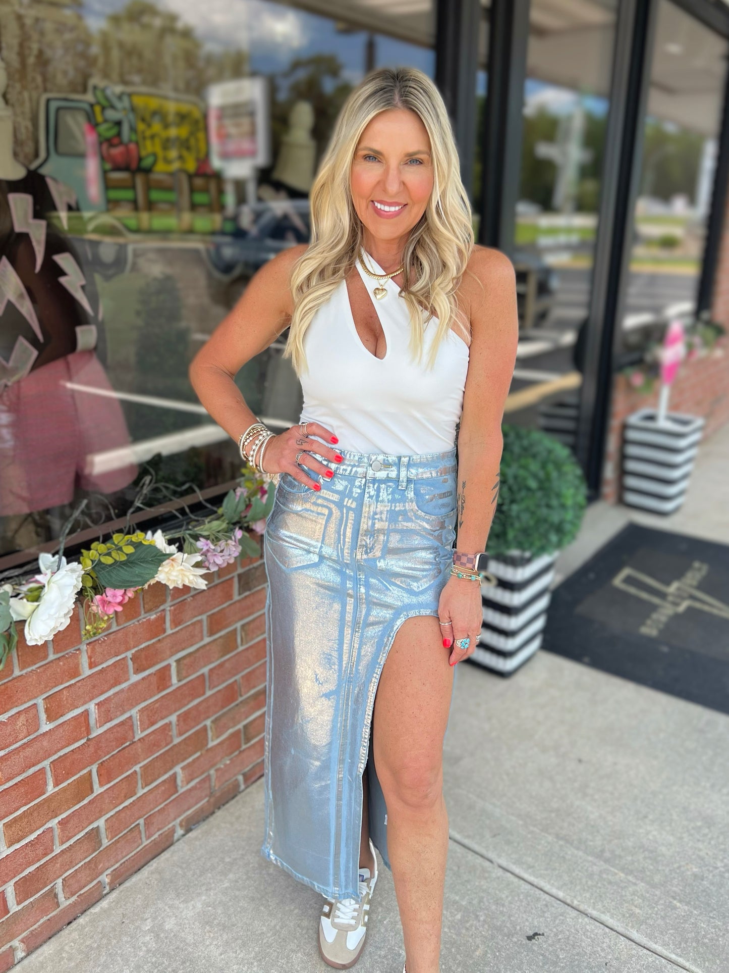 Foiled Denim Maxi Skirt