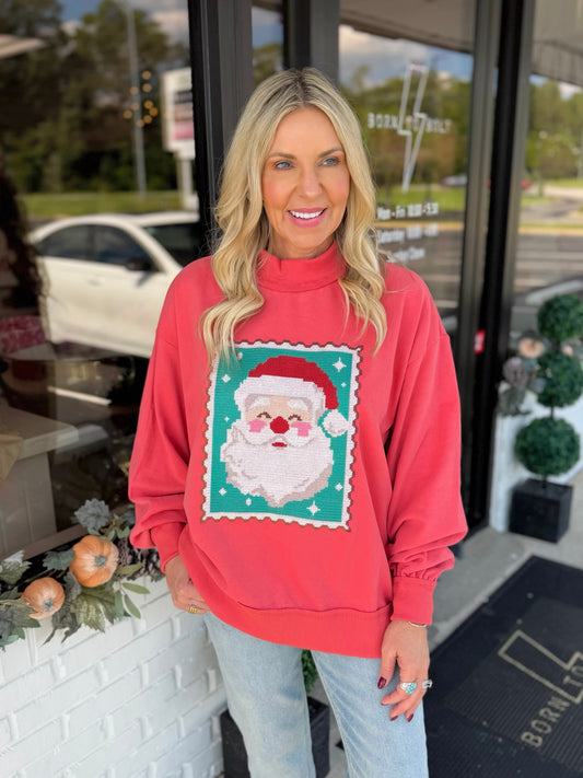 Cross Stitch Santa Stamp Mock Neck Sweatshirt