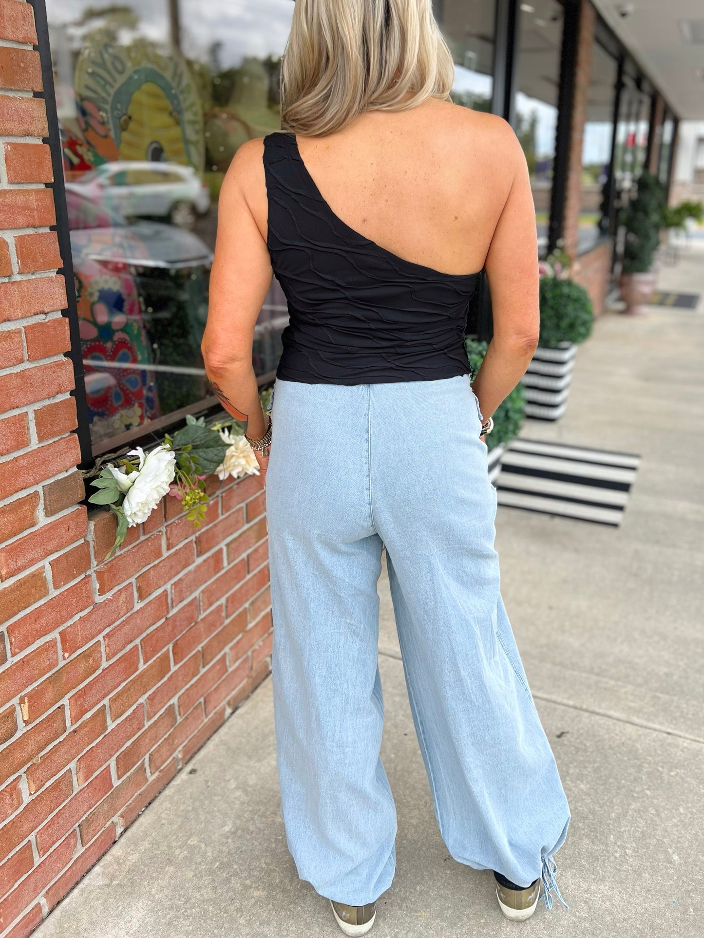 Textured Cinched One Shoulder Top