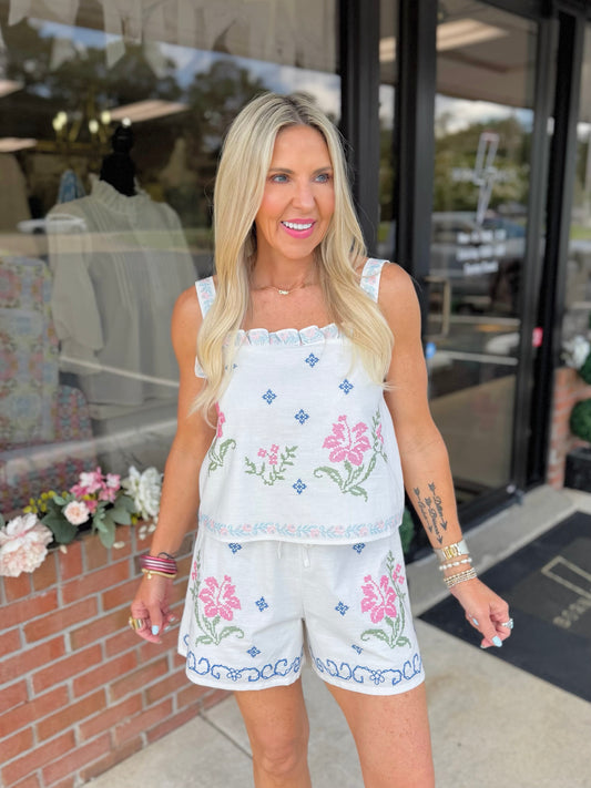 Ruffle Trim Embroidered Set