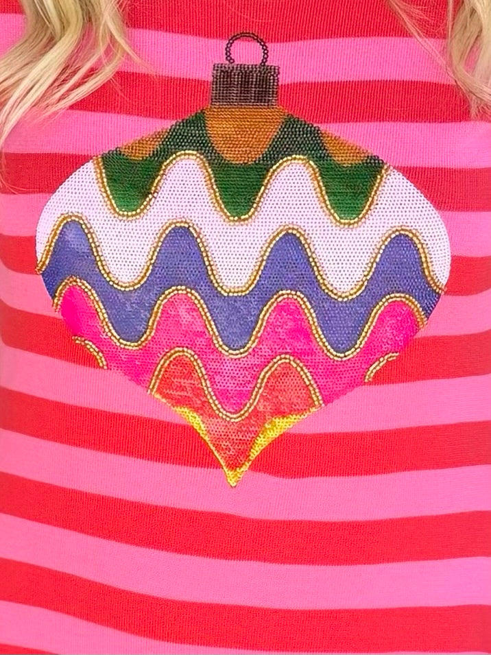 QOS Striped Knit Multi Ornament Midi Dress