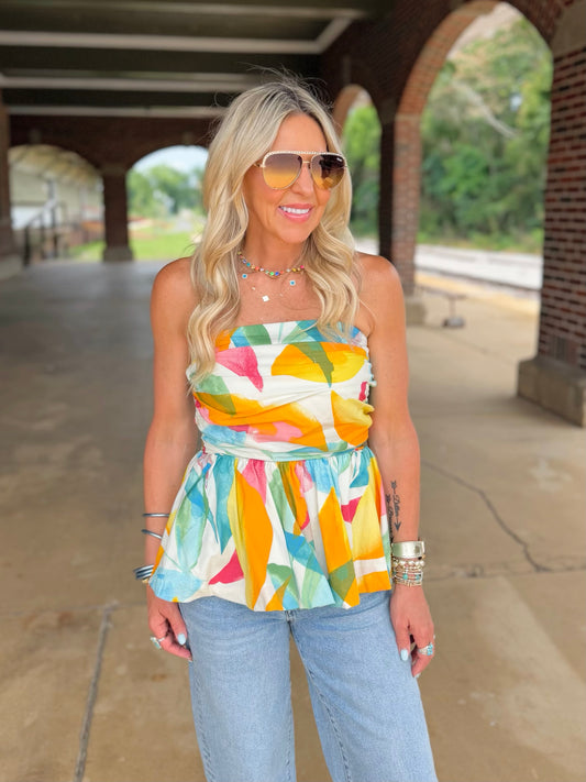 Abstract Strapless Top