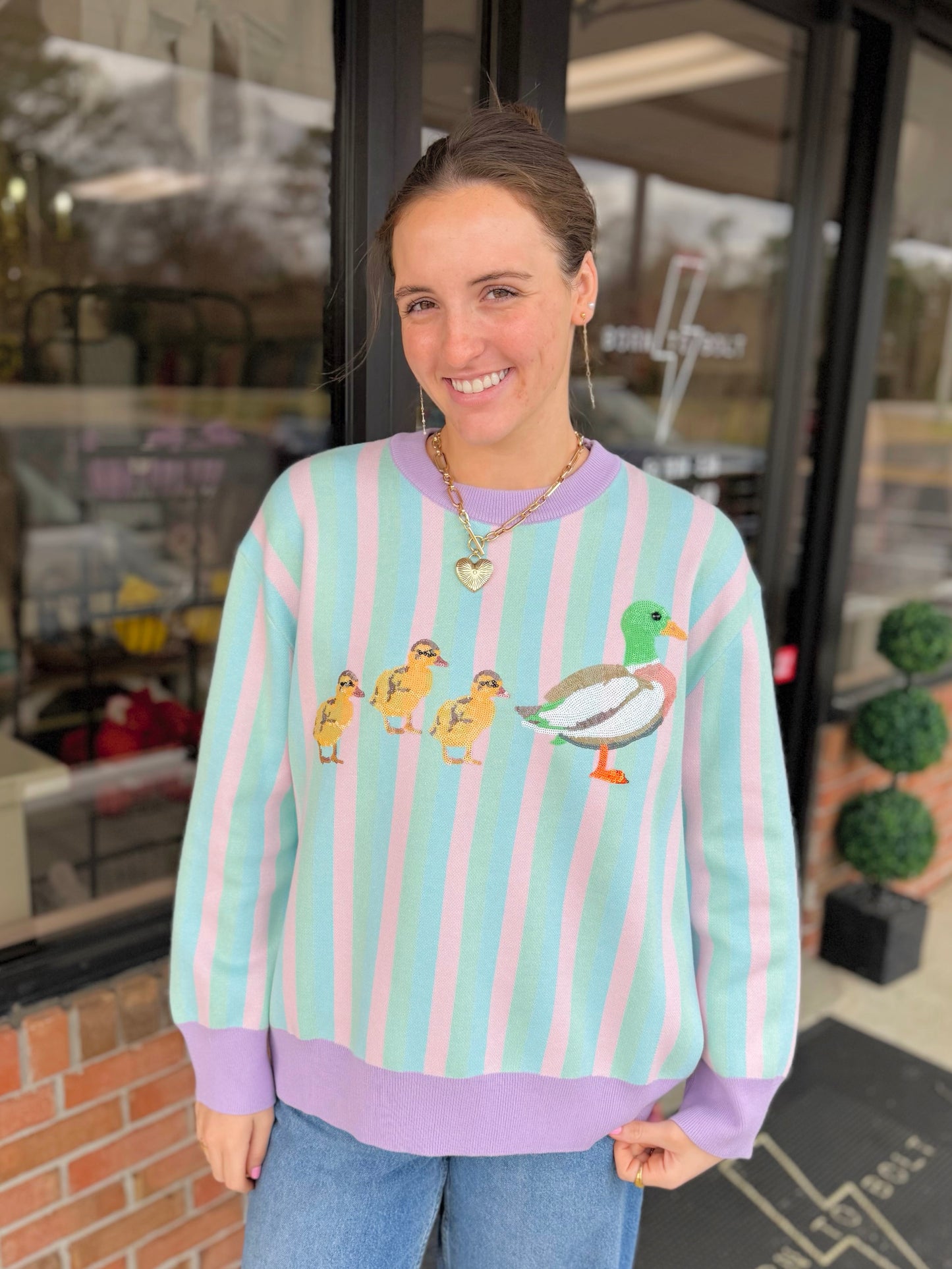 QOS Pastel Striped Duck & Chicks Sweater