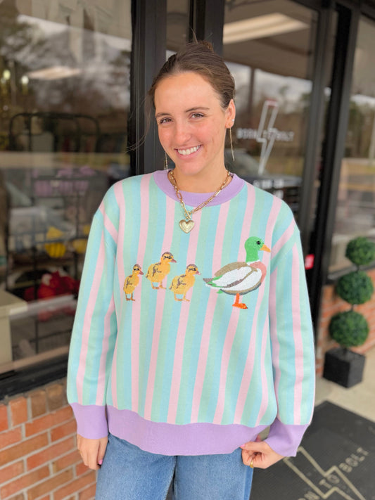 QOS Pastel Striped Duck & Chicks Sweater