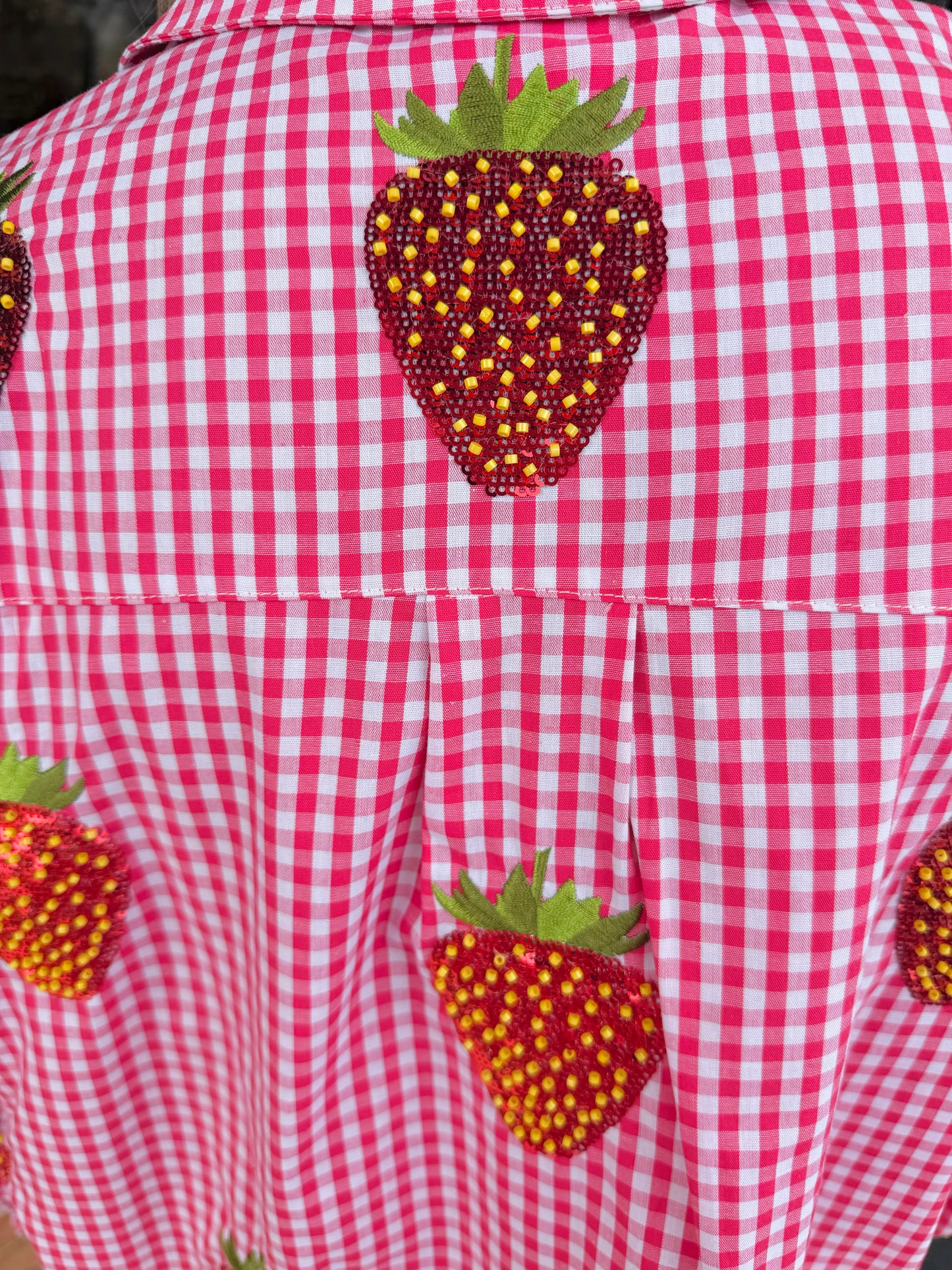 QOS Gingham Beaded Strawberry Button Up Top