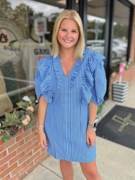 Stripe Ruffle Puff Sleeve Dress