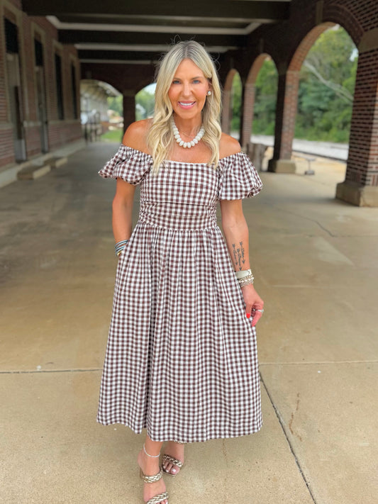 Gingham Lace Trim Midi Dress
