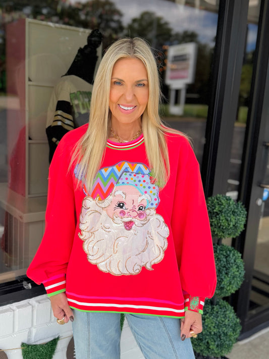 QOS Red Multi Hat Metallic Santa Sweatshirt
