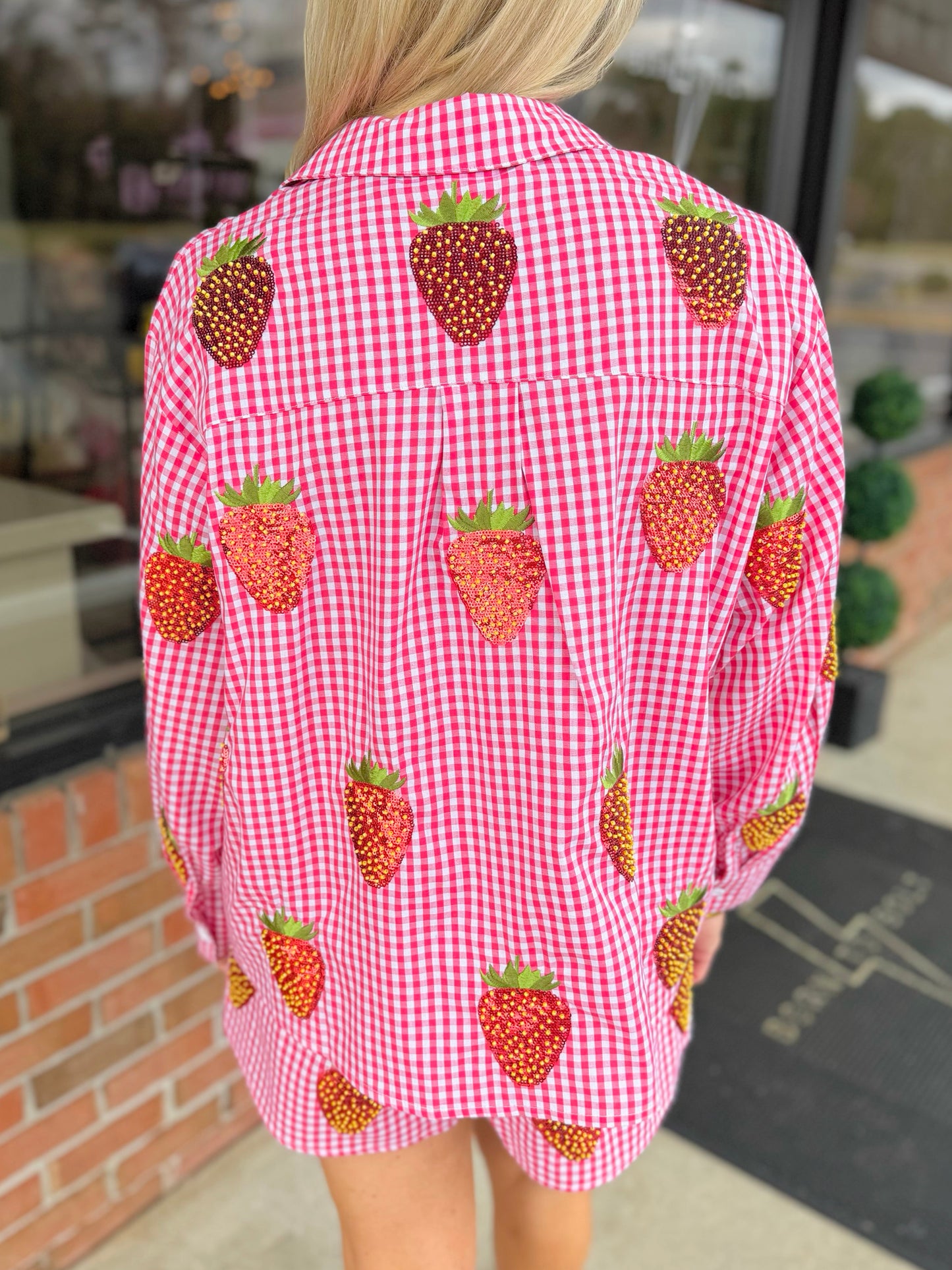 QOS Gingham Beaded Strawberry Button Up Top