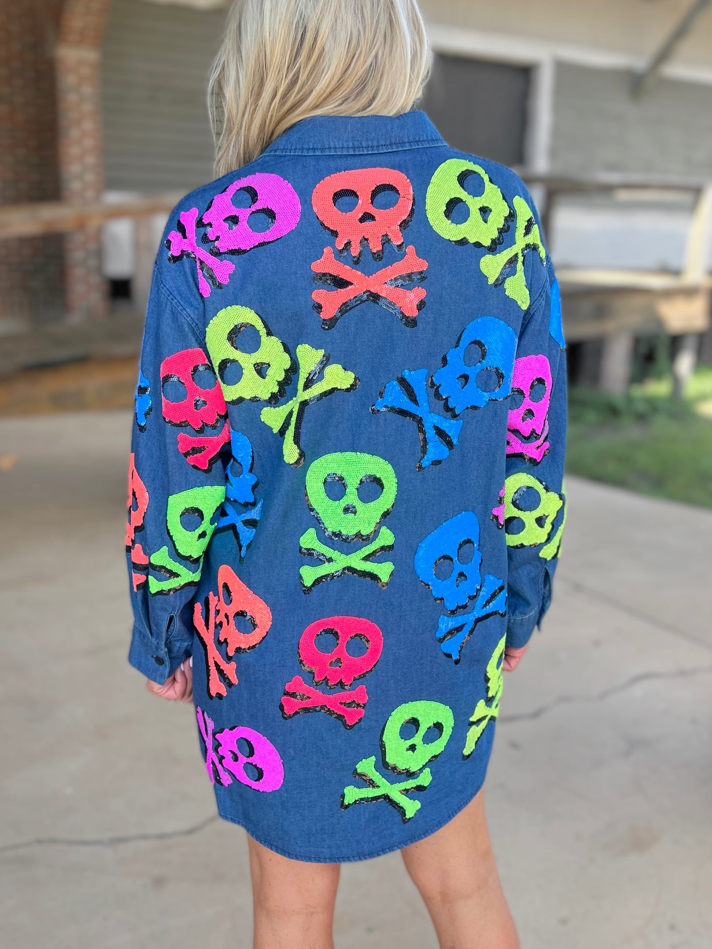 QOS Denim Neon Skull & Crossbones Tunic