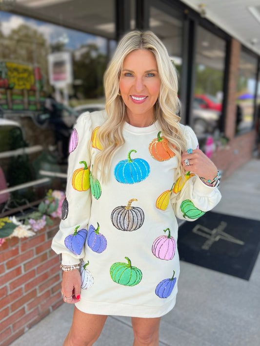 QOS Multi Pumpkin Sweatshirt Dress