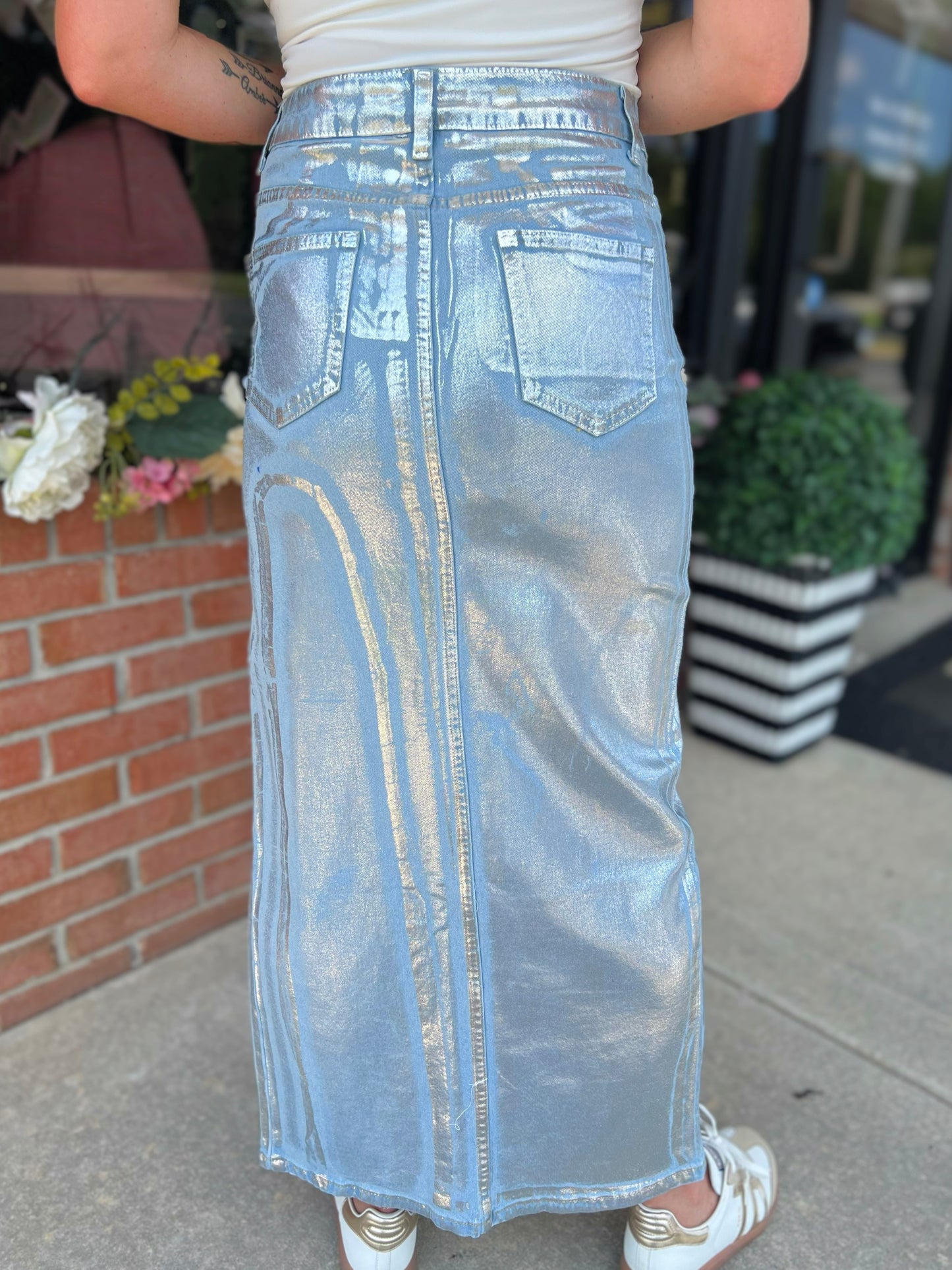 Foiled Denim Maxi Skirt