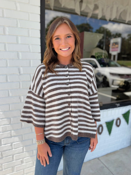 Stripe Short Sleeve Button Down Cardigan