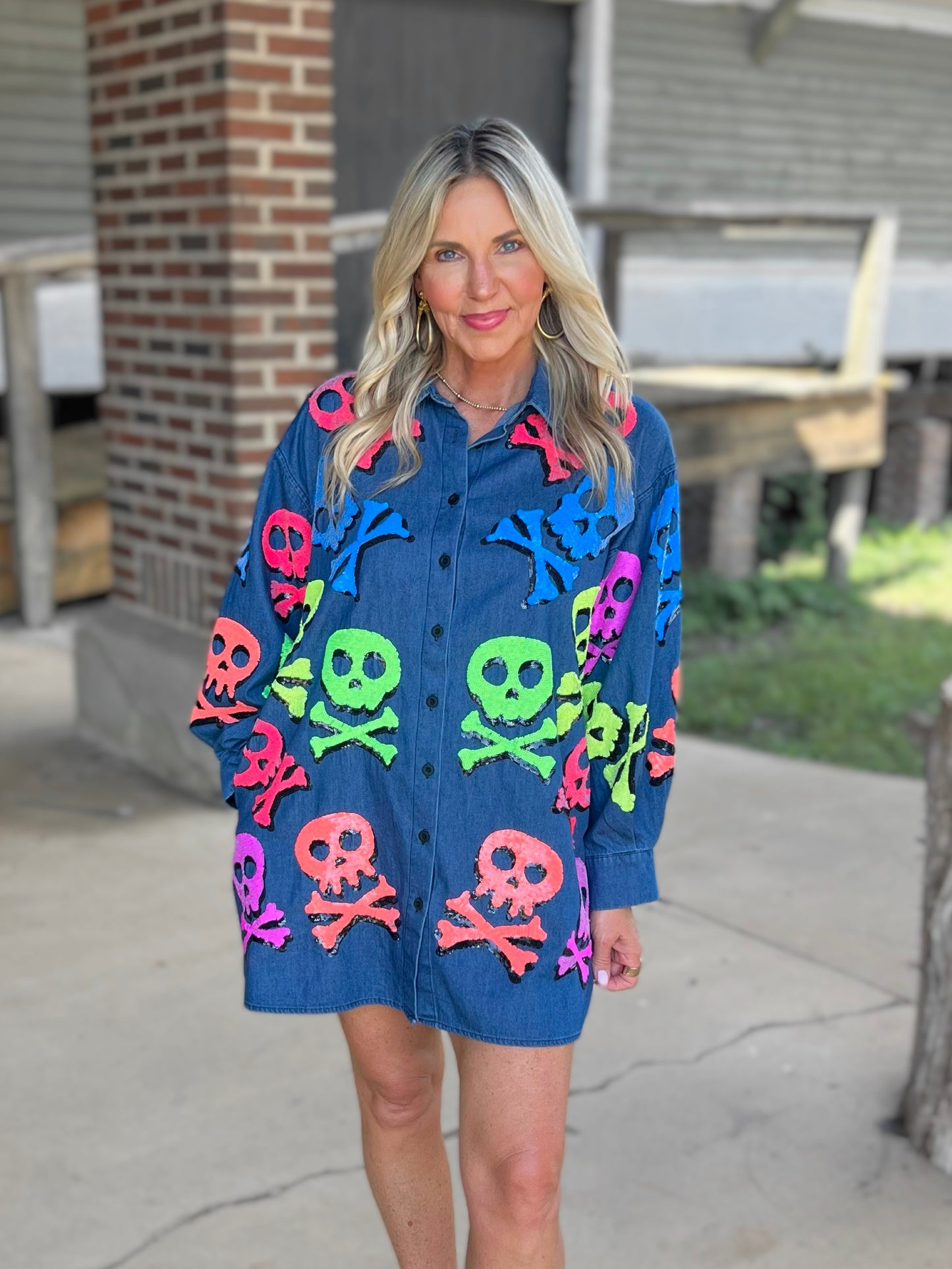 QOS Denim Neon Skull & Crossbones Tunic