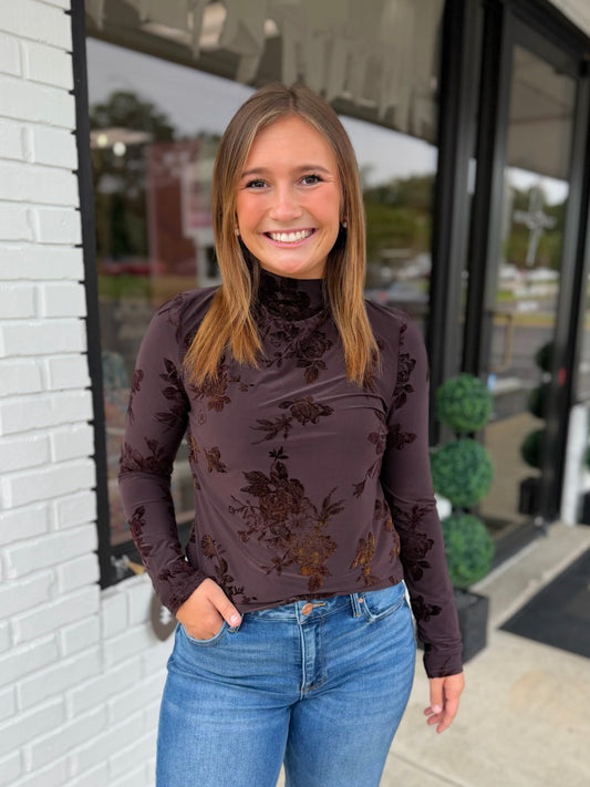 Velvet Floral Mock Neck Top