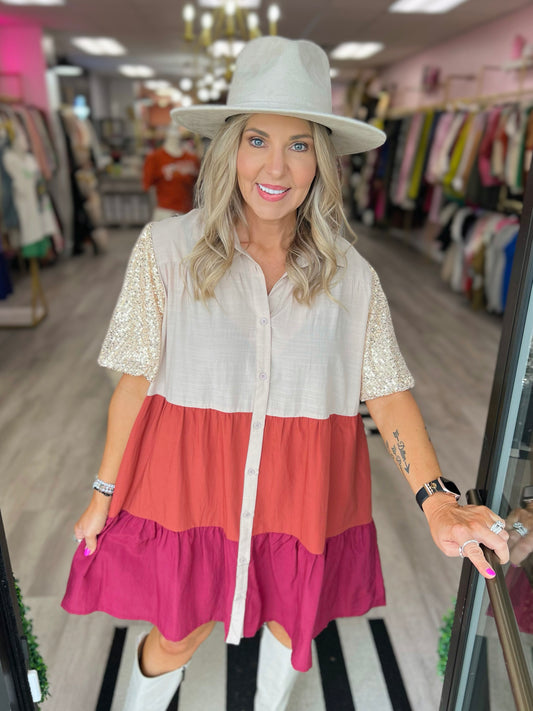 Sequin Sleeve Color Block Dress