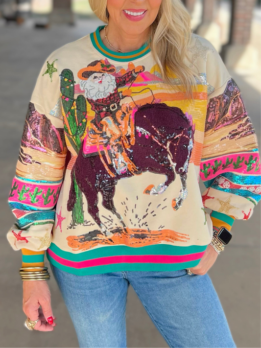 QOS Vintage Cowboy Santa Sweatshirt