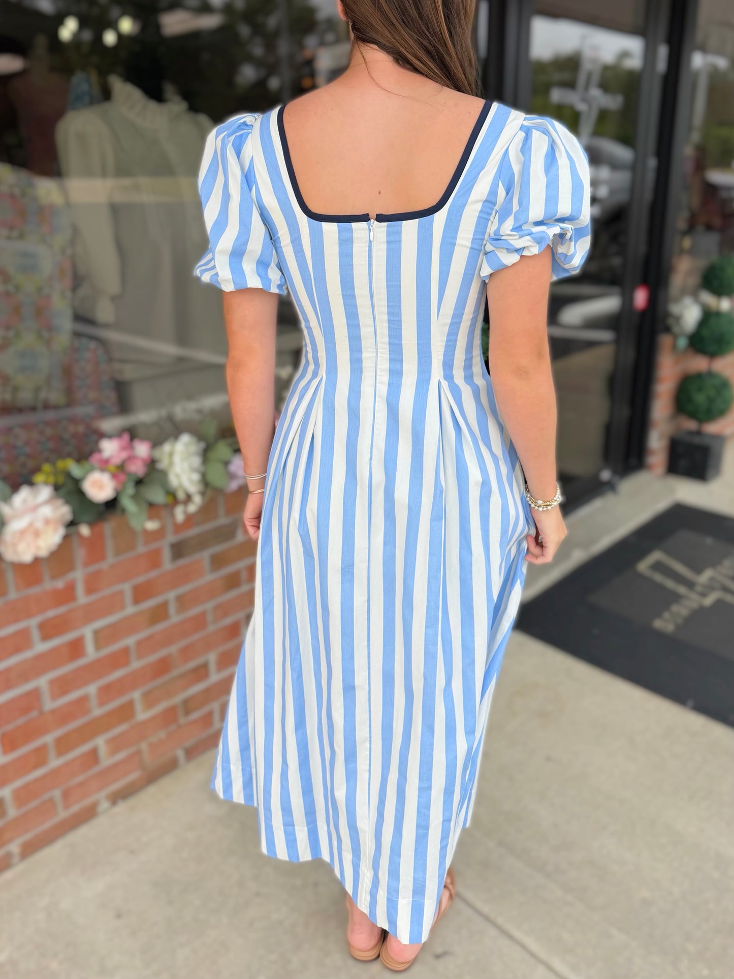 Striped Contrast Piping Detail Square Neck Dress