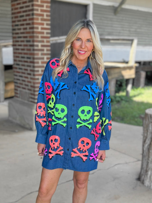 QOS Denim Neon Skull & Crossbones Tunic