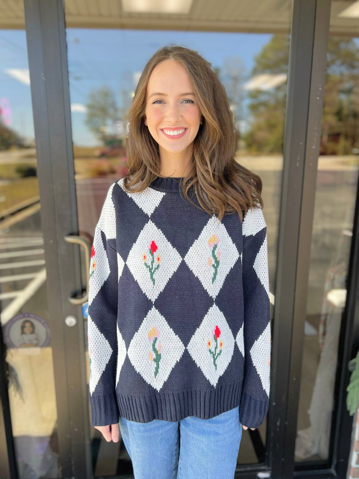 Diamond Flower Print Sweater