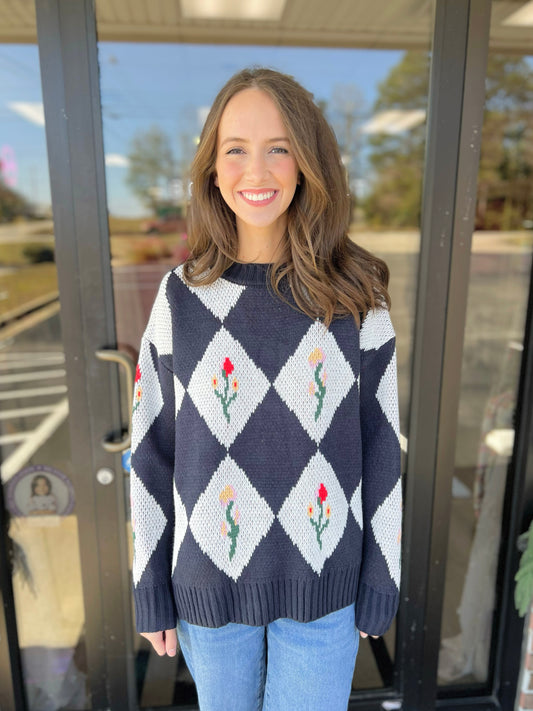 Diamond Flower Print Sweater