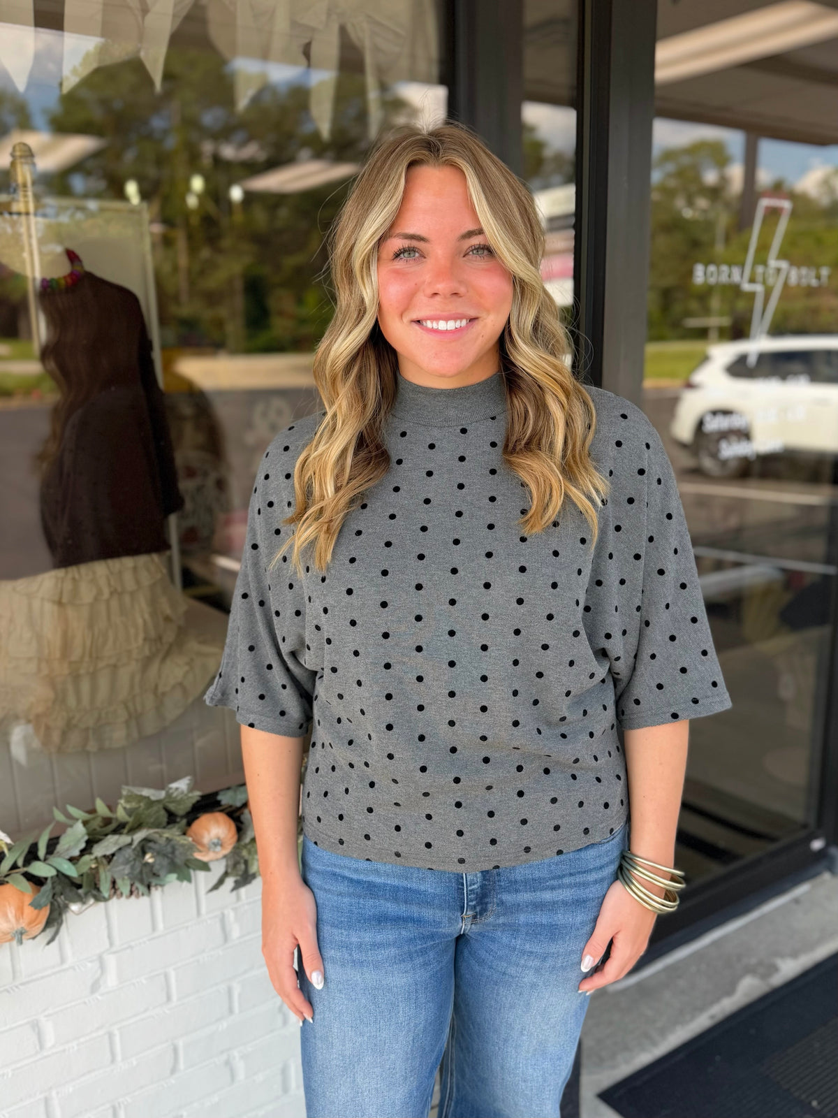 Polka Dot Mock Neck Top