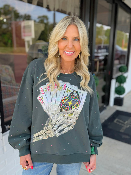 QOS Skeleton Queen Card Rhinestone Sweatshirt