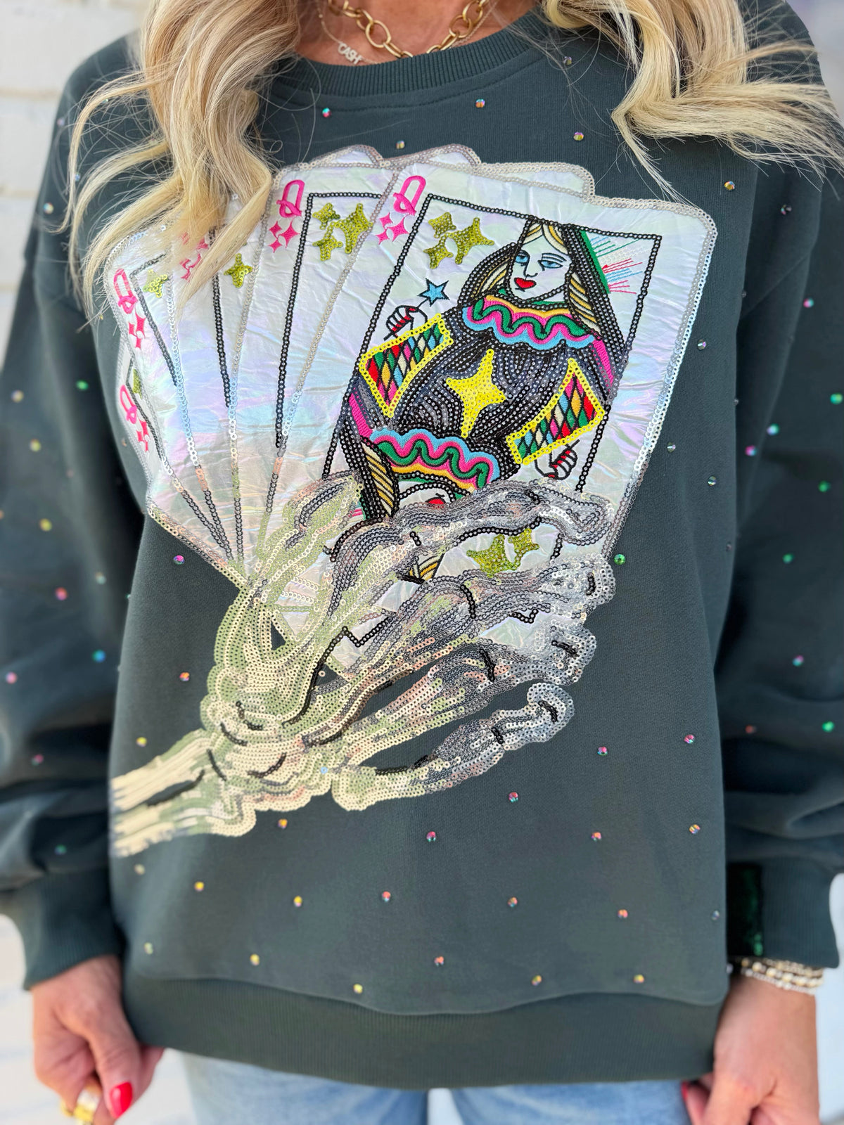QOS Skeleton Queen Card Rhinestone Sweatshirt