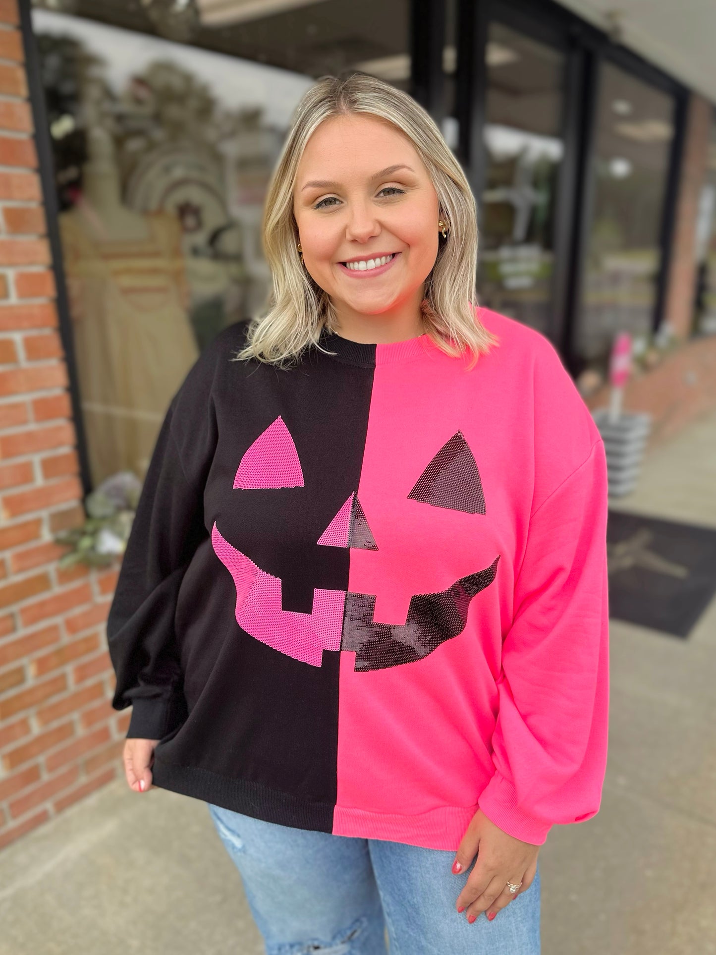 QOS Split Pumpkin Face Sweatshirt