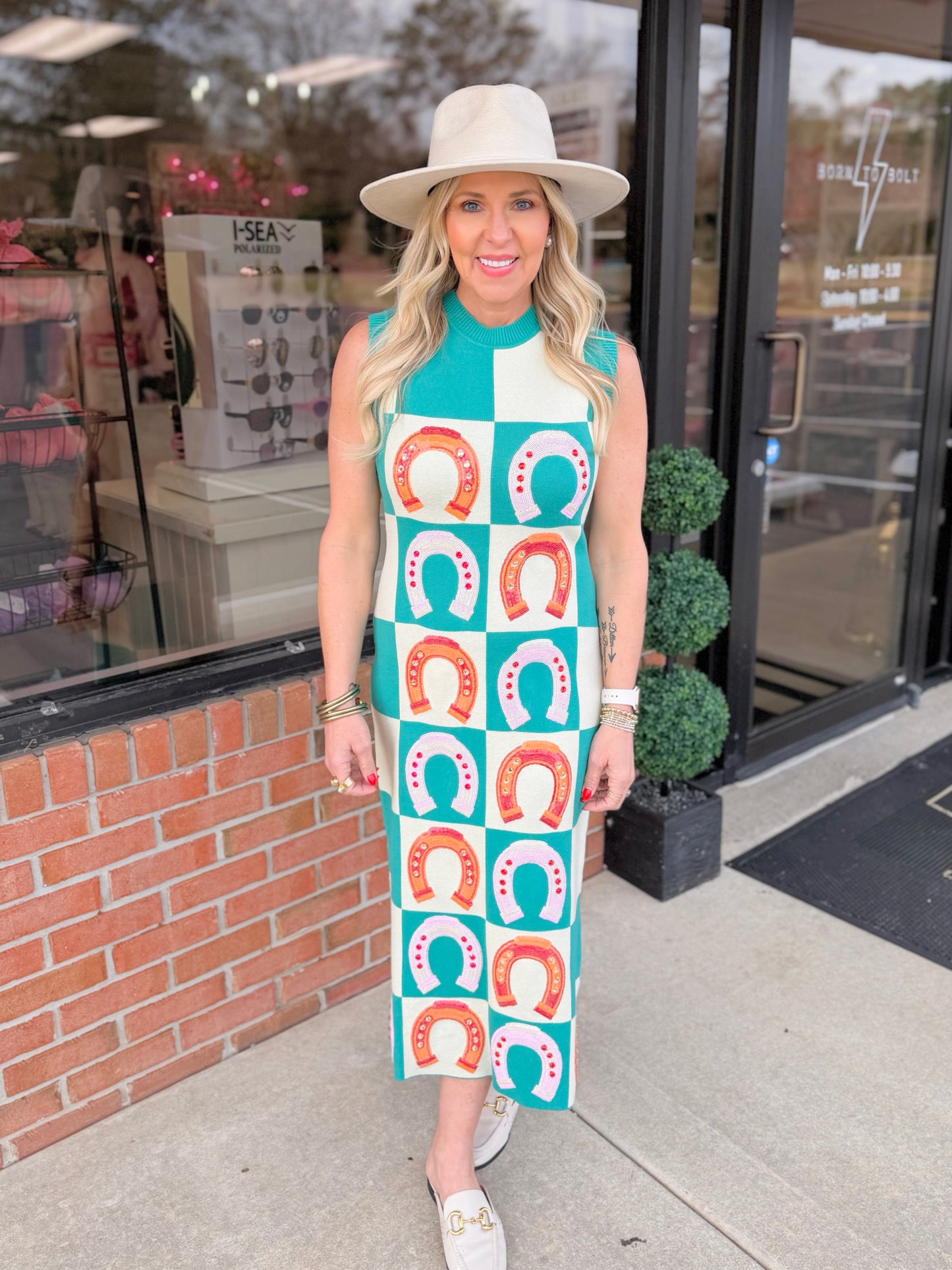 QOS Checkered Horseshoe Maxi Dress