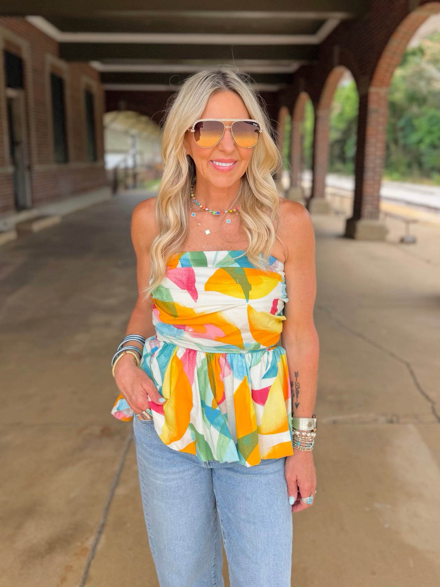 Abstract Strapless Top