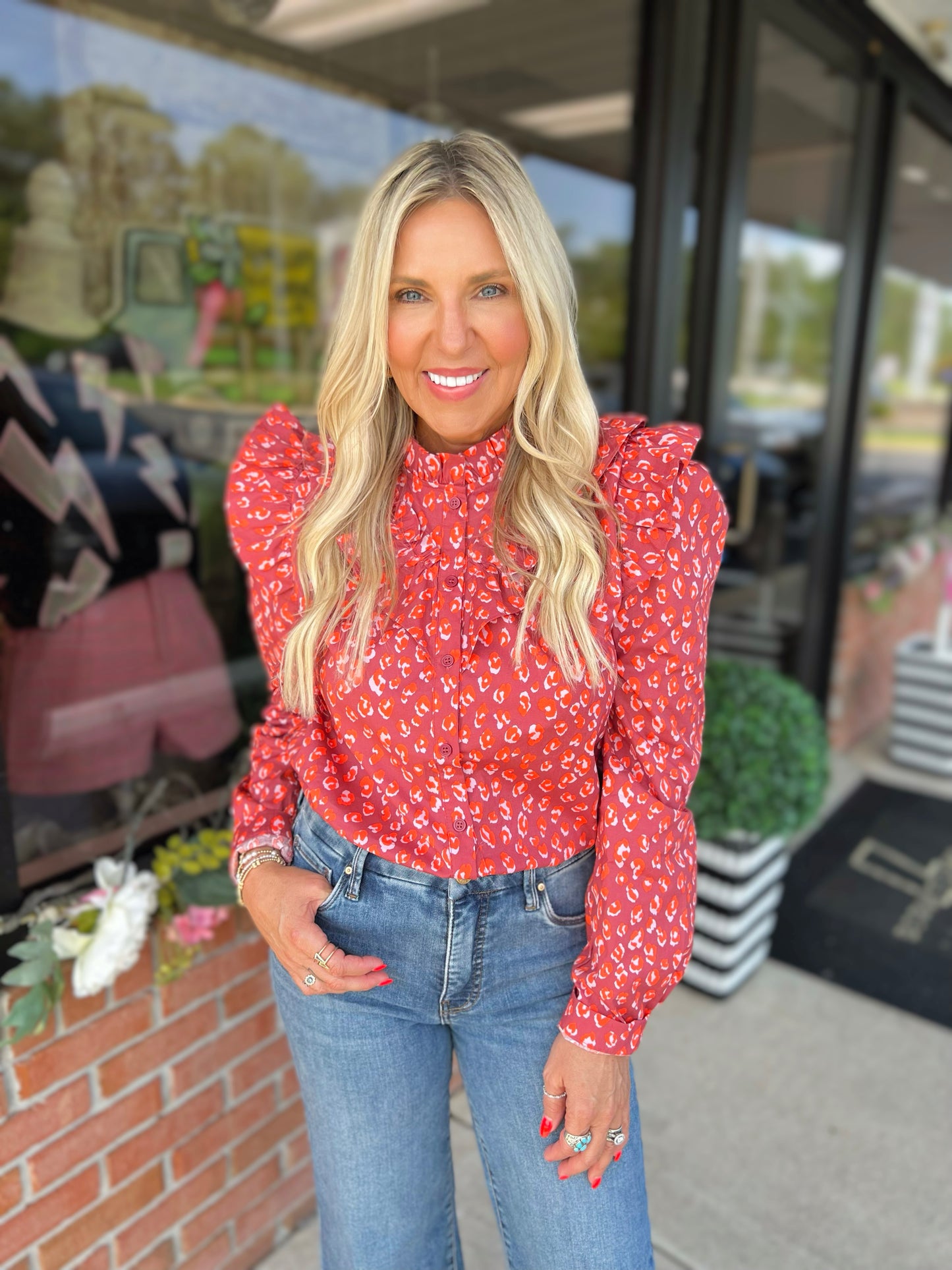 Leopard Poplin Ruffle Top