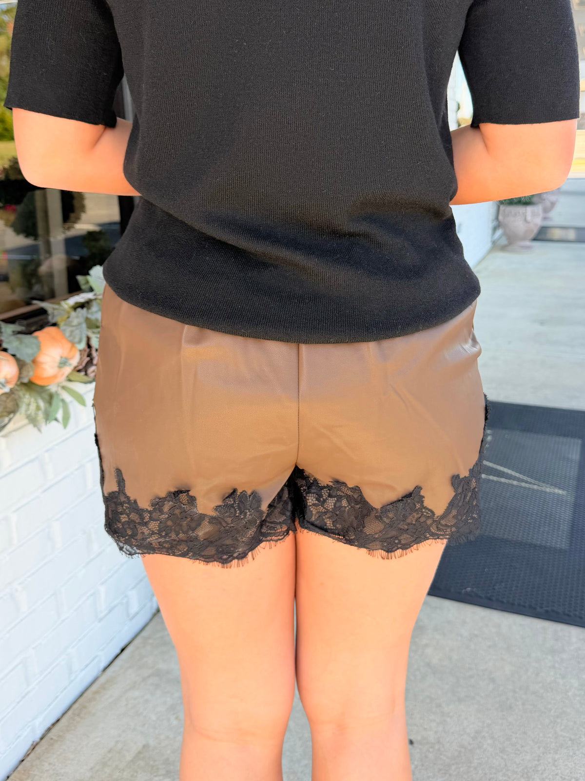 Faux Leather Lace Trim Shorts