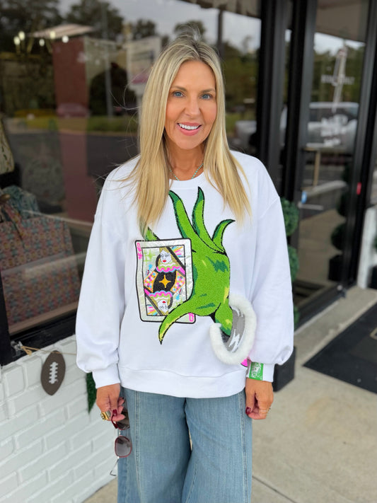 QOS Grinch Holding QOS Card Sweatshirt