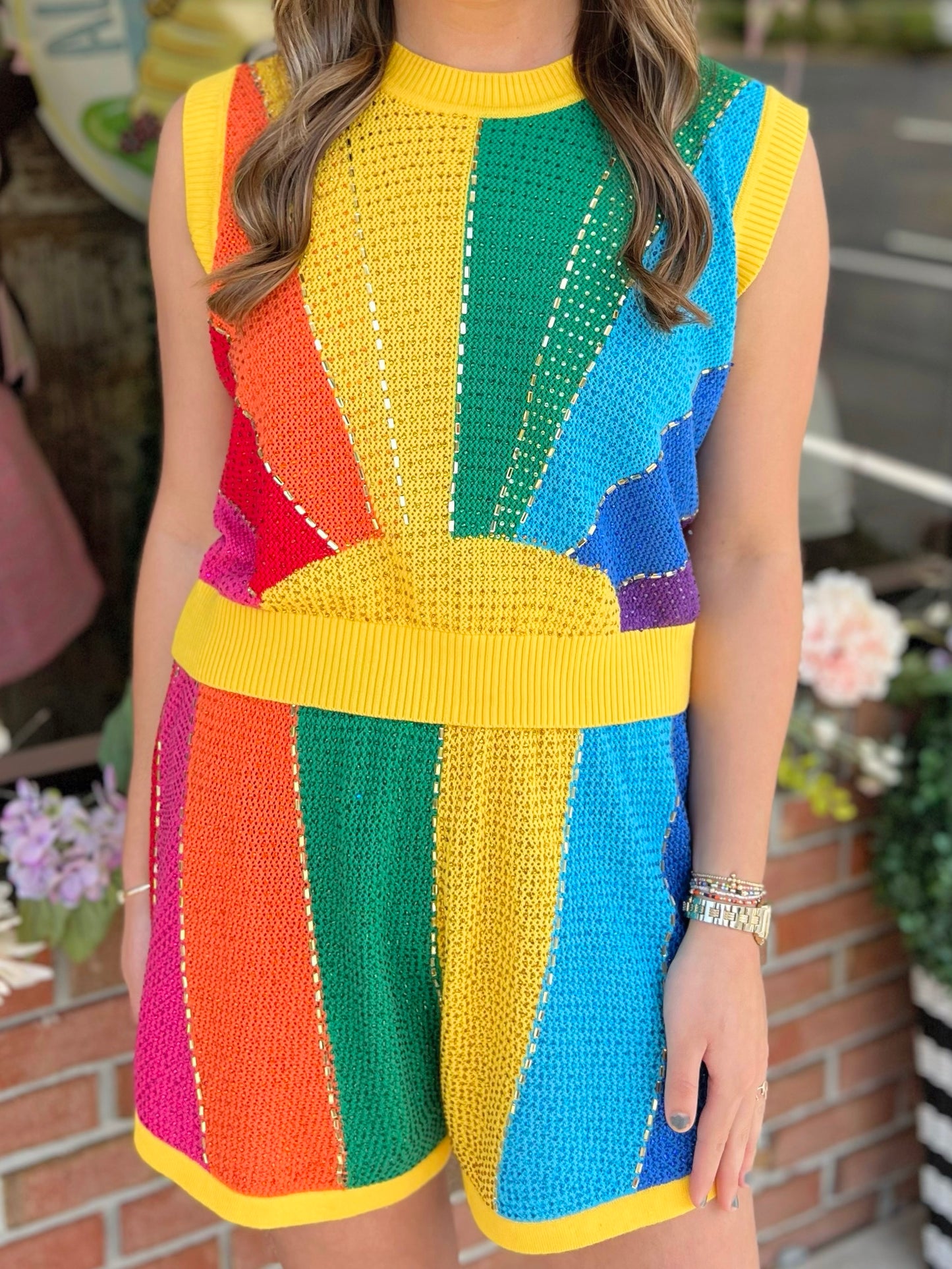 QOS Rainbow Sunshine Rhinestone Vest