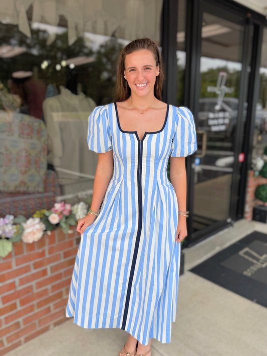 Striped Contrast Piping Detail Square Neck Dress