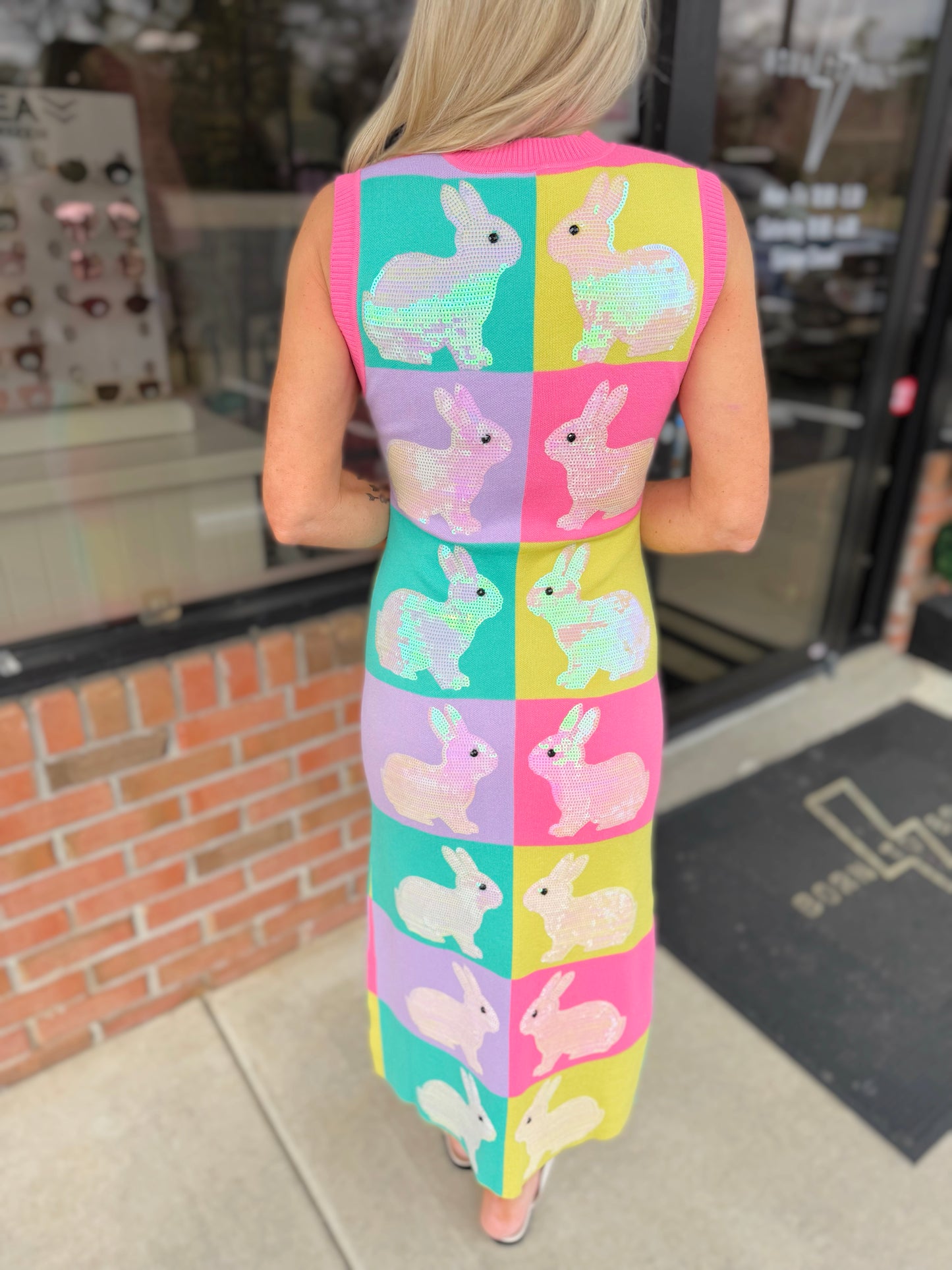 QOS Checkered Easter Bunny Midi Dress