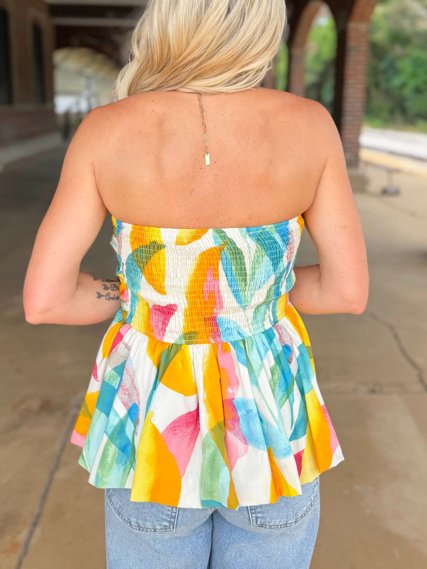 Abstract Strapless Top