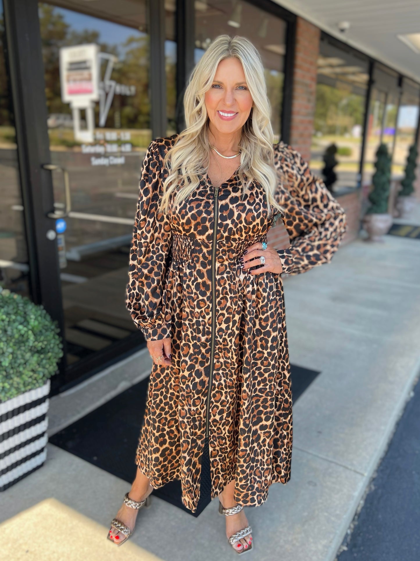 Leopard Long Sleeve Midi Dress