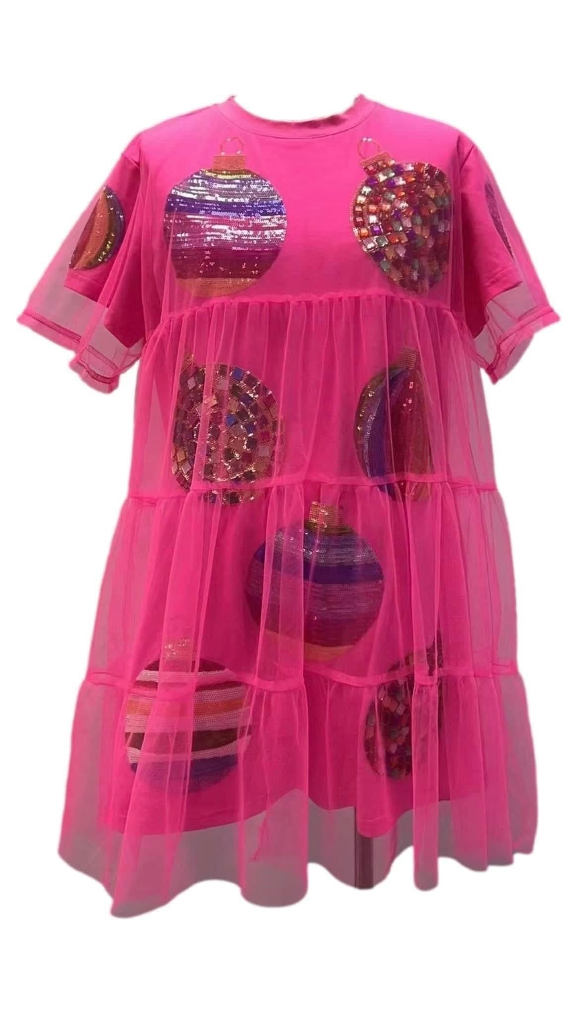 QOS Neon Pink Mesh Overlay Ornament Dress