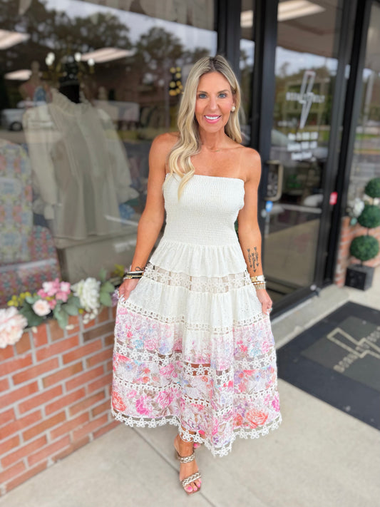 Eyelet Lace Tube Dress In Floral Print