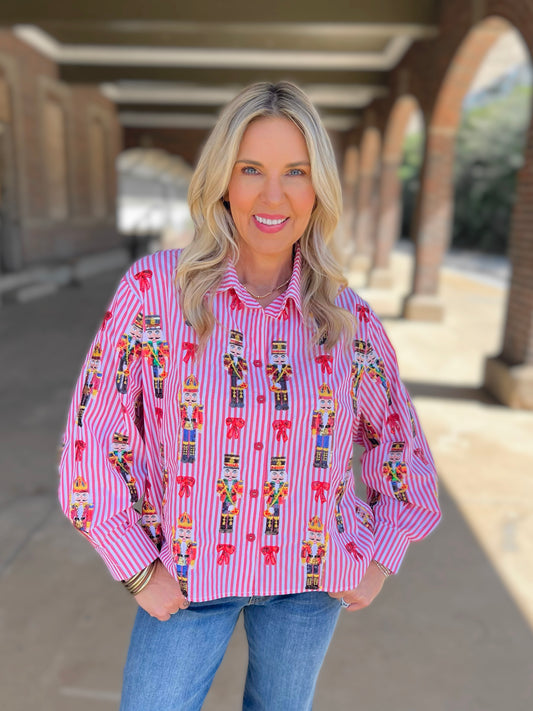 QOS Nutcracker & Bow Button Up Top