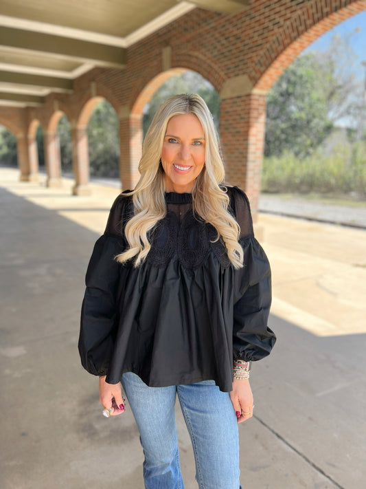 Lace Applique Long Sleeve Blouse