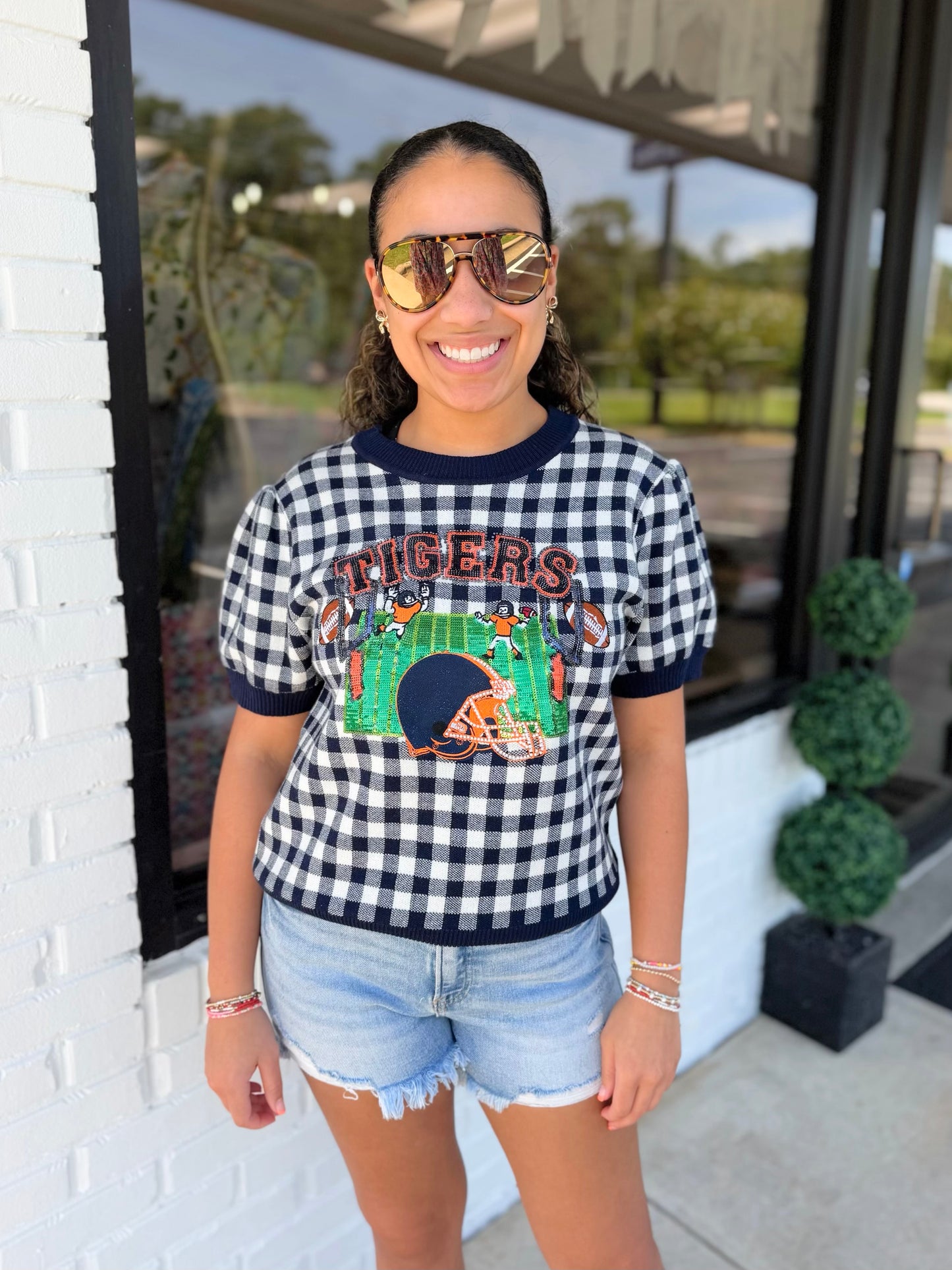 QOS Licensed Auburn Gingham Field Sweater Top