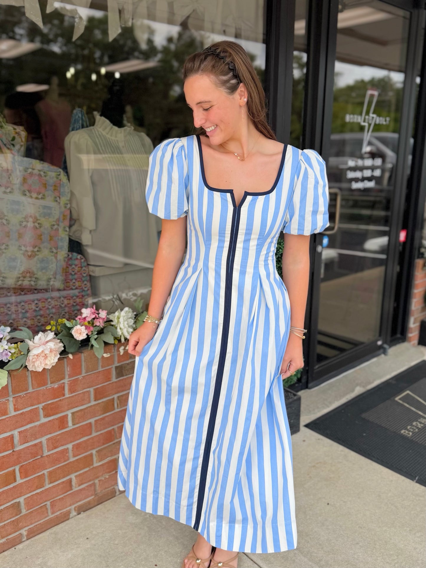 Striped Contrast Piping Detail Square Neck Dress